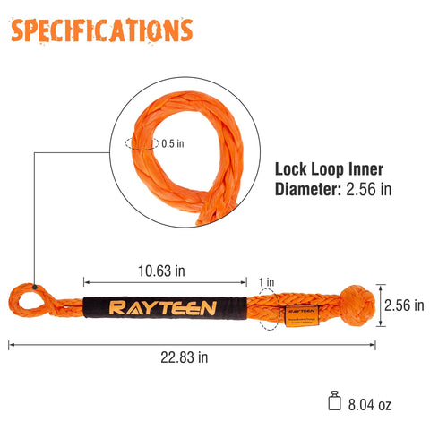 Heavy Duty Orange Uhmwpe Soft Shackle Half Inch X 22.83 Inch Reinforced Sleeve High Strength Tow Strap dimensions and specs.