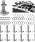 Hardcore 12 Pack Stainless Steel T Track Bolts M8 Square Head Fasteners With Lock Nuts And Assorted Washers For Kayak Bike Racks Roof Cross Bars No Sweat Rigging displayed with fasteners and washers.
