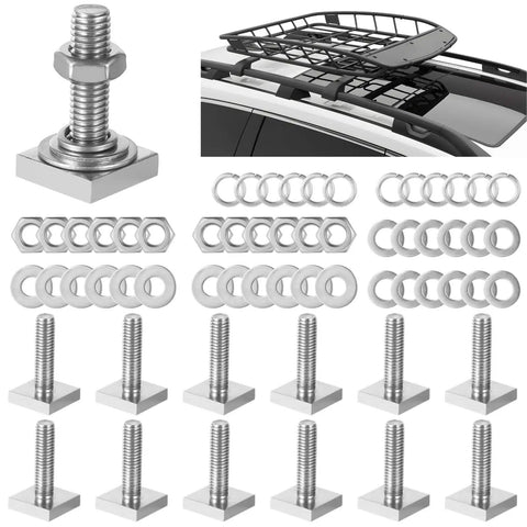 Hardcore 12 Pack Stainless Steel T Track Bolts M8 Square Head Fasteners With Lock Nuts And Assorted Washers For Kayak Bike Racks Roof Cross Bars No Sweat Rigging displayed with fasteners and washers.