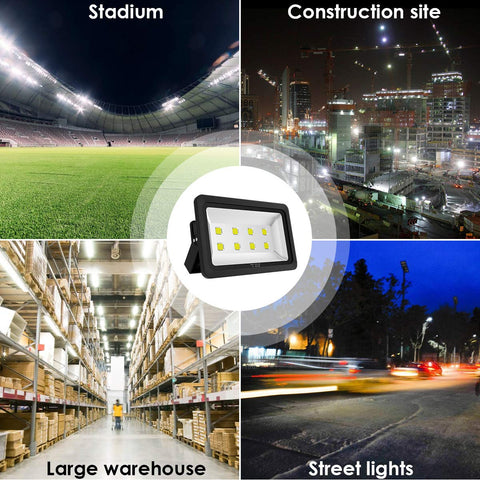 Beast Mode Bright 400W Outdoor LED Flood Light With 40000 Lumen Output, 6000K shown with stadium, construction site, warehouse, and street