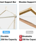Comparison of steel vs. wooden support bars for upgraded hammock chair, steel bar shown with ropes, 350 lbs capacity.