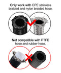 Diagram showing compatibility of 6AN Hose End Fitting Kit For CPE Braided Hose Aluminum 6061-T6 With Black Anodized Finish with hoses