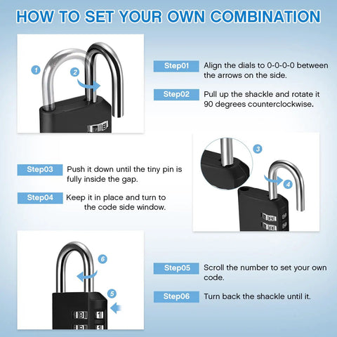 Instructions for setting 4-digit combination on 10 Pack Resettable 4 Digit Combination Lock Padlocks Waterproof Locker Locks Small Outdoor Tough As Nails Dope Combo Locks For School Gym Locker Fence Toolbox Case Gate Hasp Cabinet Storage Multicolored
