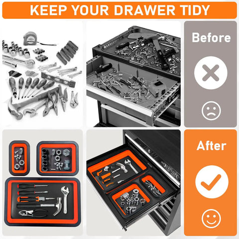Collapsible Magnetic Parts Tray Set With 3 Foldable Silicone Tool Trays For Bolts Screws Nuts And Small Metal Parts Handy Garage Organizer For DIY Guys And Pros in drawer before and after organization