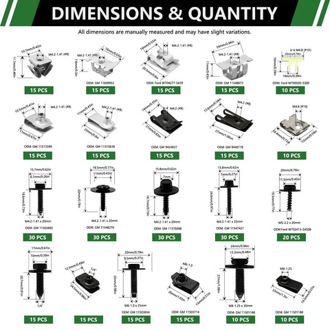 Built Tough 360 Piece Auto Body Bolt And UNut Clip Kit Compatible With GM Ford Chrysler detailed fastener dimensions and quantities image.