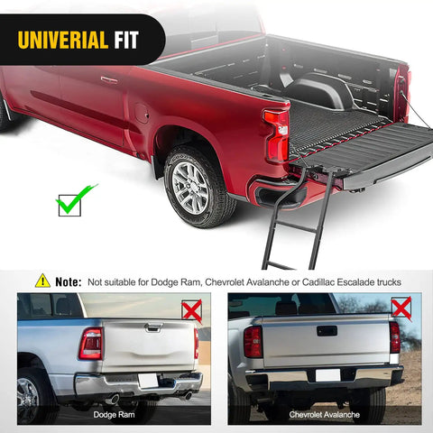 Foldable Truck Tailgate Ladder With Step Grip Plates For Pickup Trucks, Extendable Up To 42 Inches, Universal Fit For 34 To 42 Inch Cab Heights, Easy Install With Basic Tools, Durable Steel Construction For Safer Access, shown on red pickup tailgate