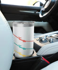 Insulated Stainless Steel Tumbler For Glider Pilots And Aviation Nerds in car cup holder, white with colorful glider design.
