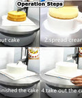Automatic Electric Cream Spreader For Cake Decorating And Frosting Smoothing in use, showing cake assembly and cream spreading steps.