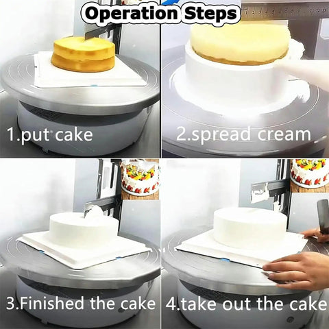 Automatic Electric Cream Spreader For Cake Decorating And Frosting Smoothing in use, showing cake assembly and cream spreading steps.
