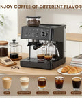 Game Changer Twenty Bar Espresso Machine With Integrated Burr Grinder preparing espresso shots with two glasses.