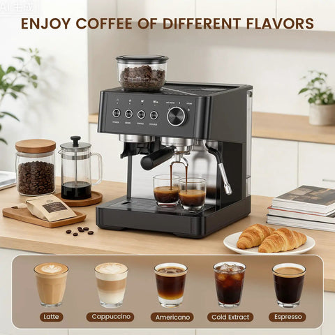 Game Changer Twenty Bar Espresso Machine With Integrated Burr Grinder preparing espresso shots with two glasses.