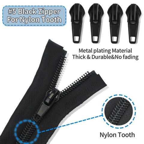 Zipper Repair Kit For Size Five Zippers, 76-Piece Auto Lock Pulls With Bottom And Top Stops, close-up of black nylon zipper and pulls.