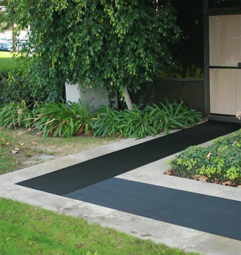 Fine Rib Corrugated Rubber Floor Mat Runner for Indoor Entryways, 3ft by 10ft, Black, Built Tough to Contain Dirt shown in garden entryway