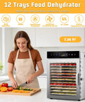 Heavy Duty 12 Tray Electric Food Dehydrator For Slick Batch Prepping Of Jerky Dried Fruit Veggie Chips And Pup Chews With 800 Watt Heating Dual Fan Setup And Reliable Digital Timer Controls in a kitchen setting.