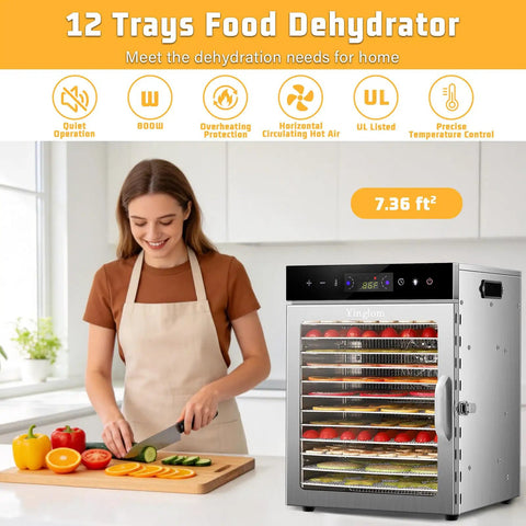 Heavy Duty 12 Tray Electric Food Dehydrator For Slick Batch Prepping Of Jerky Dried Fruit Veggie Chips And Pup Chews With 800 Watt Heating Dual Fan Setup And Reliable Digital Timer Controls in a kitchen setting.