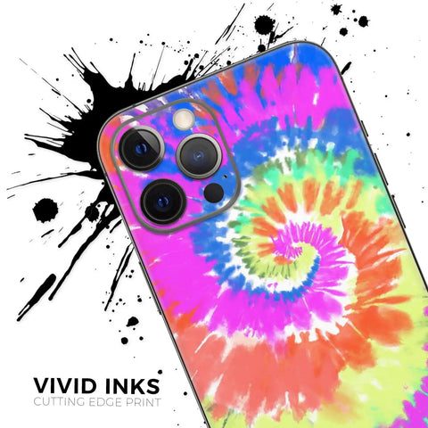 Spiral Tie Dye Full Body Skin Decal Wrap Kit For iPhone 13 with vibrant colors, matte finish, and camera cutout detail.
