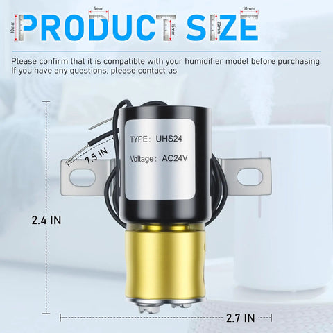 Universal 24V Humidifier Solenoid Valve UHS24 Replacement dimensions with size labels and compatible model note