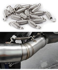 Amazon YTFRL 4-pack stainless steel motorcycle exhaust muffler coil springs with hooks; close-up and installed.