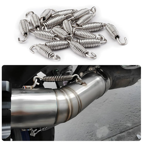 Amazon YTFRL 4-pack stainless steel motorcycle exhaust muffler coil springs with hooks; close-up and installed.