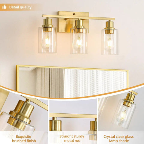 Three-Light Vanity Light With Clear Glass Shades In Brushed Brass Finish Wall Sconce For Bathroom Hallway And Living Areas