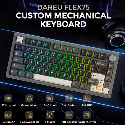 Flex75 Gasket Wireless Mechanical Keyboard With Control Knob Tri Mode Bluetooth 2.4G USB Wired with RGB lighting and CNC knob.