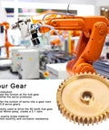 Brass Pinion Spur Gear 40 Tooth For Servo 25 Tooth Spline 0.8 Mod Industrial Robot Part displayed with robotic arm.