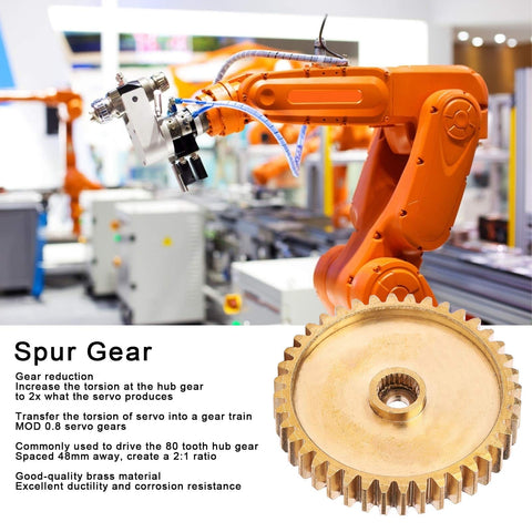 Brass Pinion Spur Gear 40 Tooth For Servo 25 Tooth Spline 0.8 Mod Industrial Robot Part displayed with robotic arm.