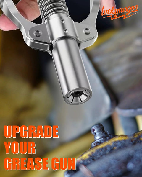 Grease gun coupler with spring-loaded clamp and metal finish, for 1/8-inch NPT grease guns