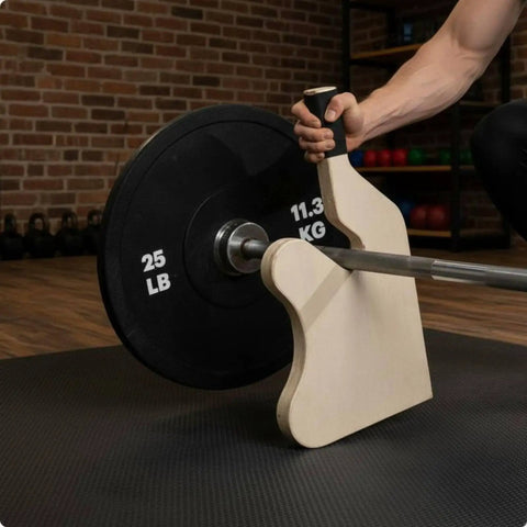 Wooden Barbell Lifter and Deadlift Jack for Easy Plate Loading Labor Saving Tool with Non Slip Handle in gym setting