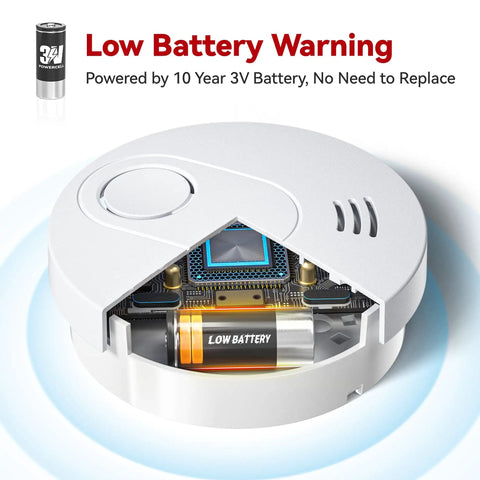 10 Year Battery Operated Photoelectric Sensor Smoke Alarm With Test Silence Button And LED Indicator Lights For Home Use, UL Listed Fire Alarm Detector Pack Of Six showing battery compartment cutaway with warning text