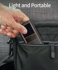 Hand placing 150 PSI Cordless Air Compressor And Tire Inflator With Auto Shut Off And Rechargeable Battery into backpack pocket