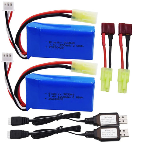2 Pack 7 4V 1200mAh LiPo Batteries With USB Charger Cables For 1 To 18 Scale RC Trucks Replacement Includes Mini Tamiya Plug And T Plug Adapters