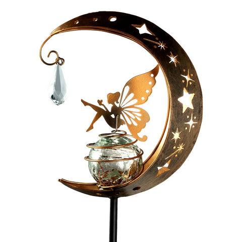Moon Fairy Garden Solar Light Glass Globe With Angel Decor, crescent moon design, warm LED, bronze finish, auto on at dusk.