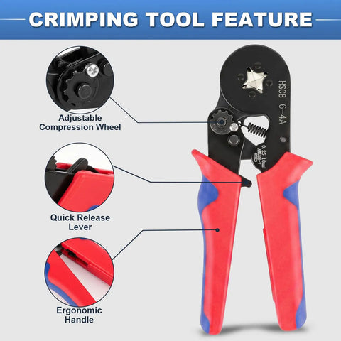 Wide Range Ferrule Crimping Tool For 23 To 7 AWG Wire Terminals With Four High Carbon Steel Dies Delivers Tight Square Crimps On 0.25 To 10 MM2 Terminals Great For Home DIY And Pro Electrical Work On The Job, adjustable compression wheel and quick release lever