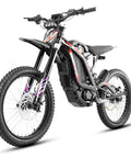 Badass 10000W Electric Dirt Bike For Adults With 72V 35Ah Battery Offering 52 Mile Range And Rugged Full Suspension System Featuring Dual Hydraulic Brakes For Dope Off Road Adventures side view showing rugged tires and frame.