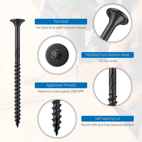 Pro Grade Heavy Duty Star Drive Deck Screws 10 By 3 Inch Black, 62 Piece with flat head and aggressive threads for outdoor projects.