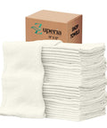 Cotton Shop Towels Pack Of 150 14 By 12 Inches White Reusable Shop Rags stacked in front of box, for cars, garage, and home use.