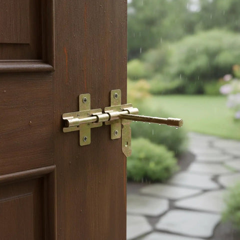 Rock Solid Slide Bolt Gate Latch Rust Proof Galvanized Steel Hardware With Tight Strike Plate For Outdoor Barn Shed Door Lockdown Guard And No Sweat Weather Shielding on a wooden door with raindrops.