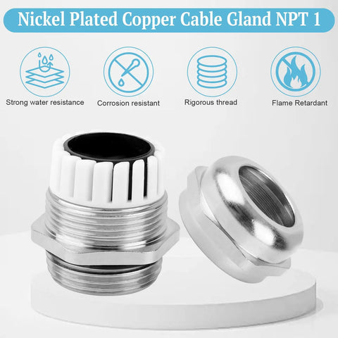 Heavy Duty Tough As Nails 1 Inch NPT Nickel Plated Copper Waterproof Cable Gland 2 Pack With Sealing Nuts Lock Rings And Gaskets Fits Cables 18 To 25 Millimeter For Outdoor Electrical Panels Industrial Equipment And Automotive Use, 1-inch gland with cap