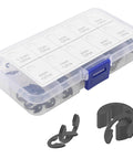 Clear plastic case with Must Have E Clip Kit 120Pcs External Circlips Snap Rings Set 1.5mm To 10mm with labeled compartments