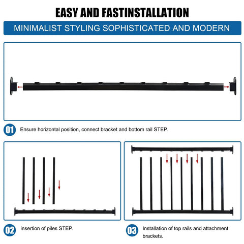 Top Notch Black Metal Deck Railing Kit With Weather Resistant Coating No Fuss Install shown in installation steps with brackets.
