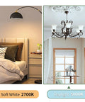 Comparison of soft white 2700K and daylight 5000K lighting in bedroom and living room settings with lamps and decor