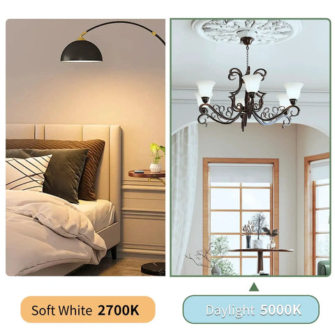 Comparison of soft white 2700K and daylight 5000K lighting in bedroom and living room settings with lamps and decor
