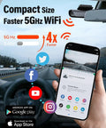 Illustration showing 4K Front And Rear Dash Cam With Fast 5GHz WiFi connected to smartphone app in a car interior.