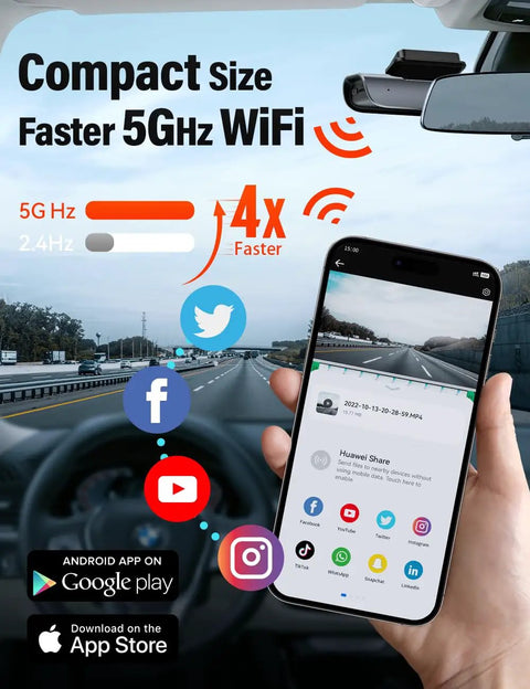 Illustration showing 4K Front And Rear Dash Cam With Fast 5GHz WiFi connected to smartphone app in a car interior.