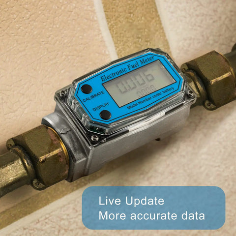 Digital turbine flow meter with display installed on pipe, ideal for measuring fuel and water, focus on live update and accurate data