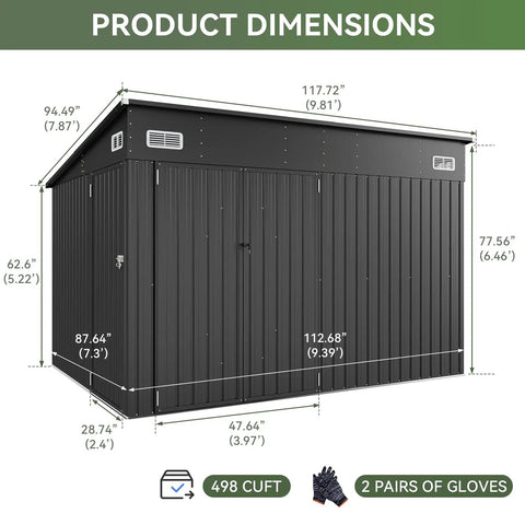 Outdoor Waterproof Storage Shed With 360 Cu Ft Capacity 9.4 By 7.3 Feet Heavy Duty Metal Garden Tool Shed dimensions
