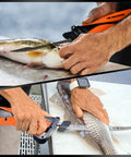Two images showing Speed Demon 110V Electric Fillet Knife Powerhouse With High Torque Motor ETL Safety Certified in action filleting fish.