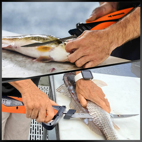 Two images showing Speed Demon 110V Electric Fillet Knife Powerhouse With High Torque Motor ETL Safety Certified in action filleting fish.