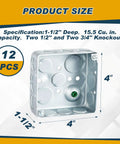 12 Pack 4x4 Inch Metal Electrical Junction Boxes Deep Square Silver Galvanized Steel Drawn Construction 21 Cu In Capacity For Wiring Conduit And Electrical Projects Diy Ready Heavy Duty Box Set, 4x4 deep box size